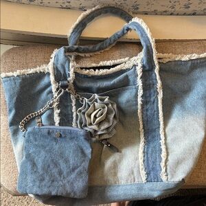 Steve Madden Denim Fringe Tote in Blue with Floral Charm